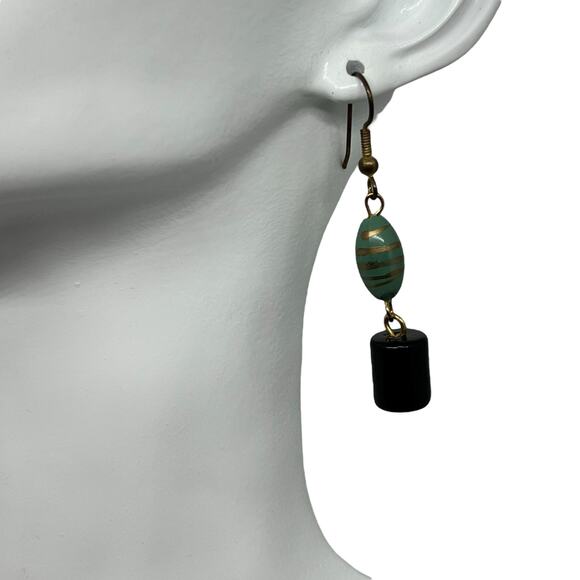 Boho Turquoise & Black Drop Earring - Gold-Tone Striped Jade Bead Dangle - Picture 4 of 7